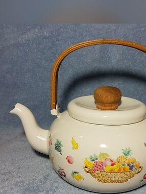Vintage Enamelware Metal Tea Kettle Wood Handle Fruit Basket Design Cottagecore